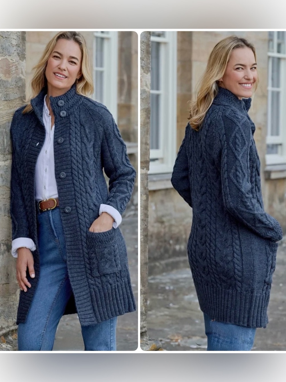 WoolOvers 100% Wool Aran Coatigan Cable Knit Long Cardigan Sweater Navy Blue XL